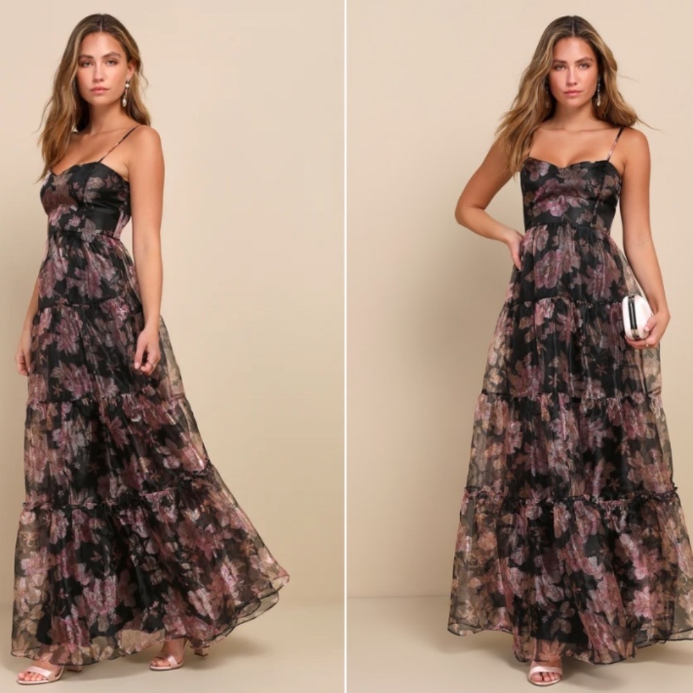 Lulu's Black Floral Maxi Dress with Dusty Rose & Mauve Print